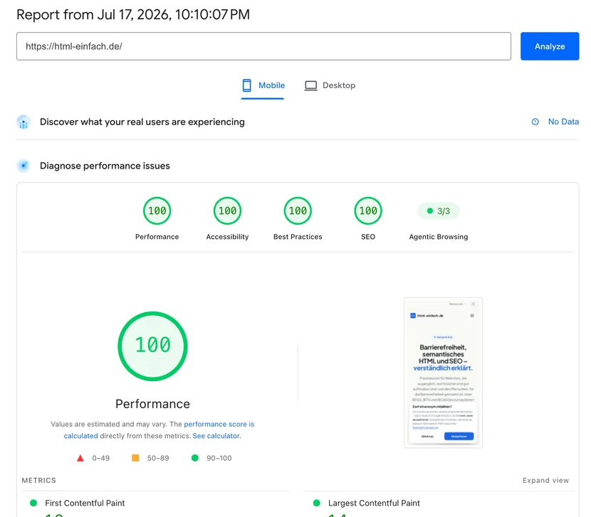 PageSpeed-Insights-Bericht für html-einfach.de vom 17. Juli 2026, Mobil-Test: je 100 von 100 Punkten für Leistung, Barrierefreiheit, Best Practices und SEO, dazu 3 von 3 für Agentisches Browsing. Die Felddaten-Zeile meldet „No Data“.