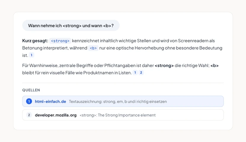 Schematische KI-Antwort auf die Frage „Wann nehme ich strong und wann b?“: Zwei Absätze beantworten die Frage, kleine nummerierte Zitatmarken verweisen auf eine Quellenliste darunter. Quelle 1 ist html-einfach.de mit dem Artikel zur Textauszeichnung und blau hervorgehoben, Quelle 2 ist developer.mozilla.org.