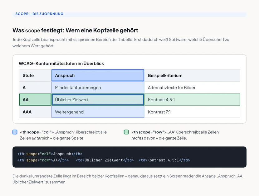 Schaubild einer Tabelle mit WCAG-Konformitätsstufen: Die Kopfzelle „Anspruch“ ist blau umrandet, ihre gesamte Spalte blau hinterlegt (scope="col"). Die Kopfzelle „AA“ ist grün umrandet, ihre gesamte Zeile grün hinterlegt (scope="row"). Die Zelle „Üblicher Zielwert“ im Schnittpunkt trägt beide Rahmen.